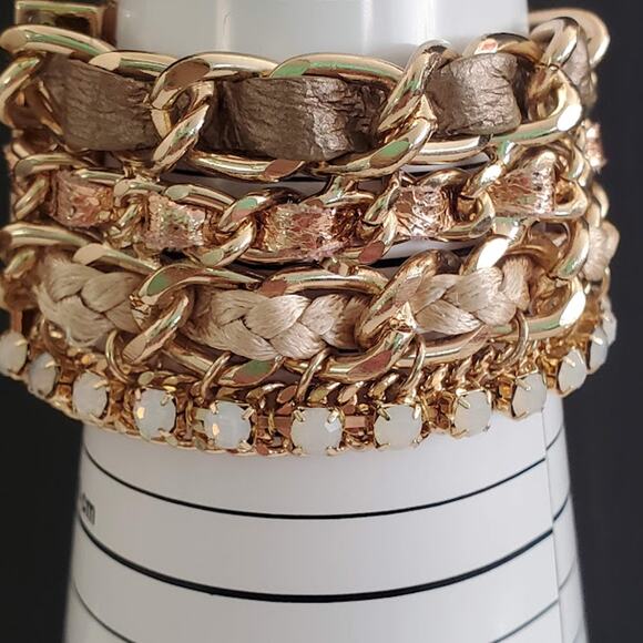 Wide Link Bracelet with Leather and Faux Opals Gold Tone Magnetic Clasp - Picture 2 of 8